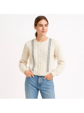Vintage 80s Italian Cotton Blend Cardigan Cream Open Knit Floral Trim Roby S/M